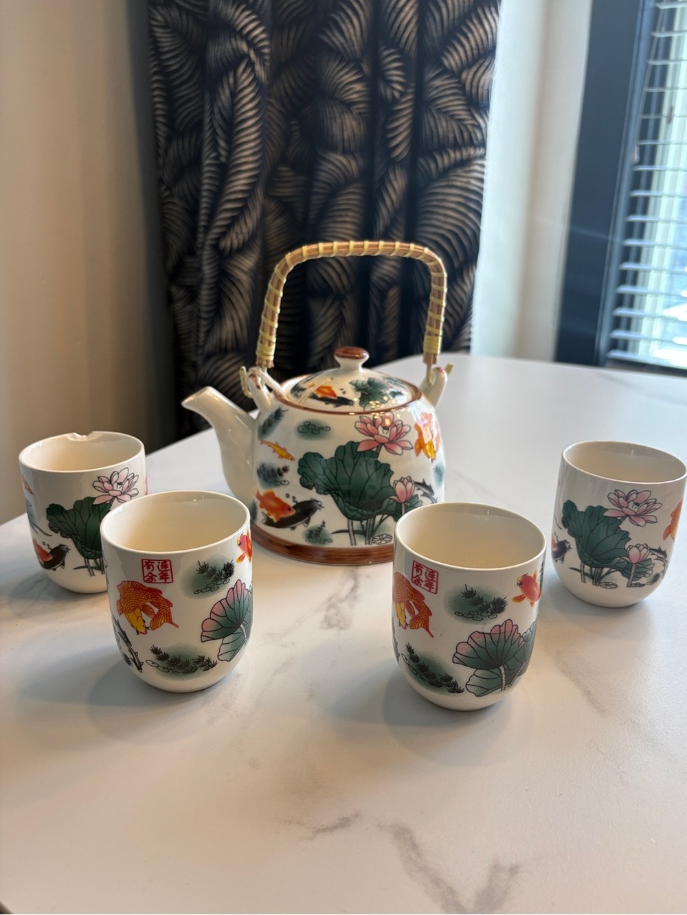 Porcelain Floral & Koi Tea Set with Bamboo Handle